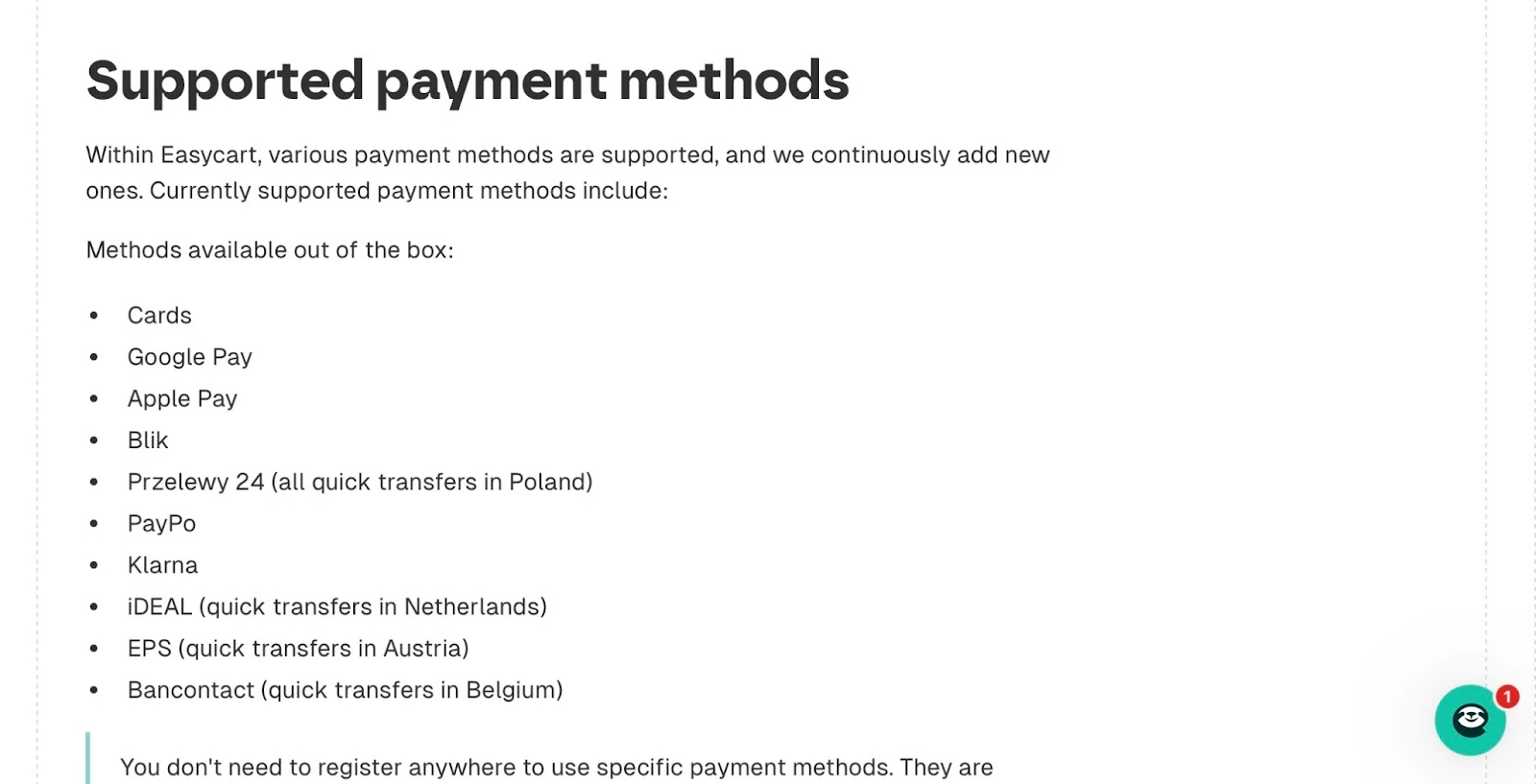 List of supported payment.