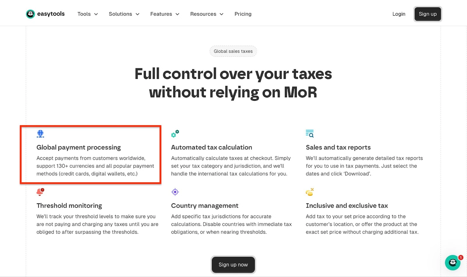 Tax page highlighting global payment processing.
