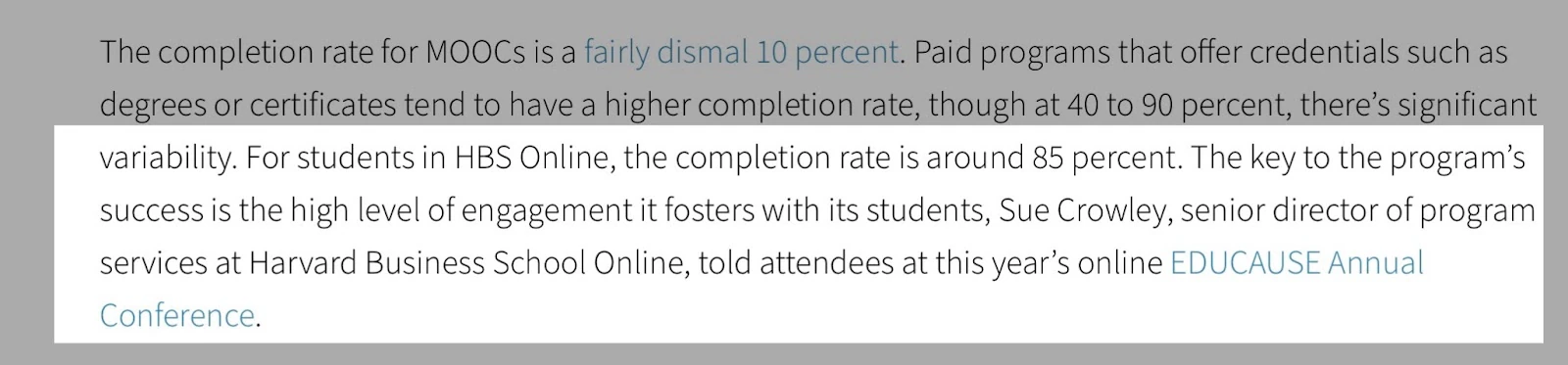 Text on high completion rates for paid programs.