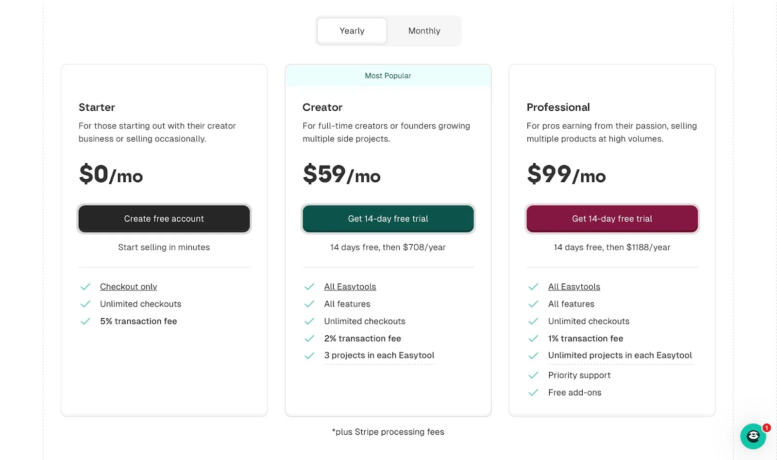 Pricing page with three plans.