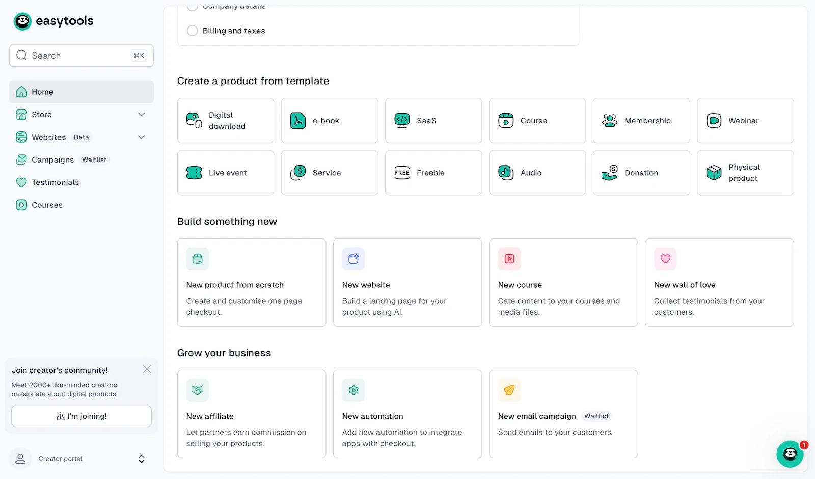 EasyTools dashboard showing options to create products.
