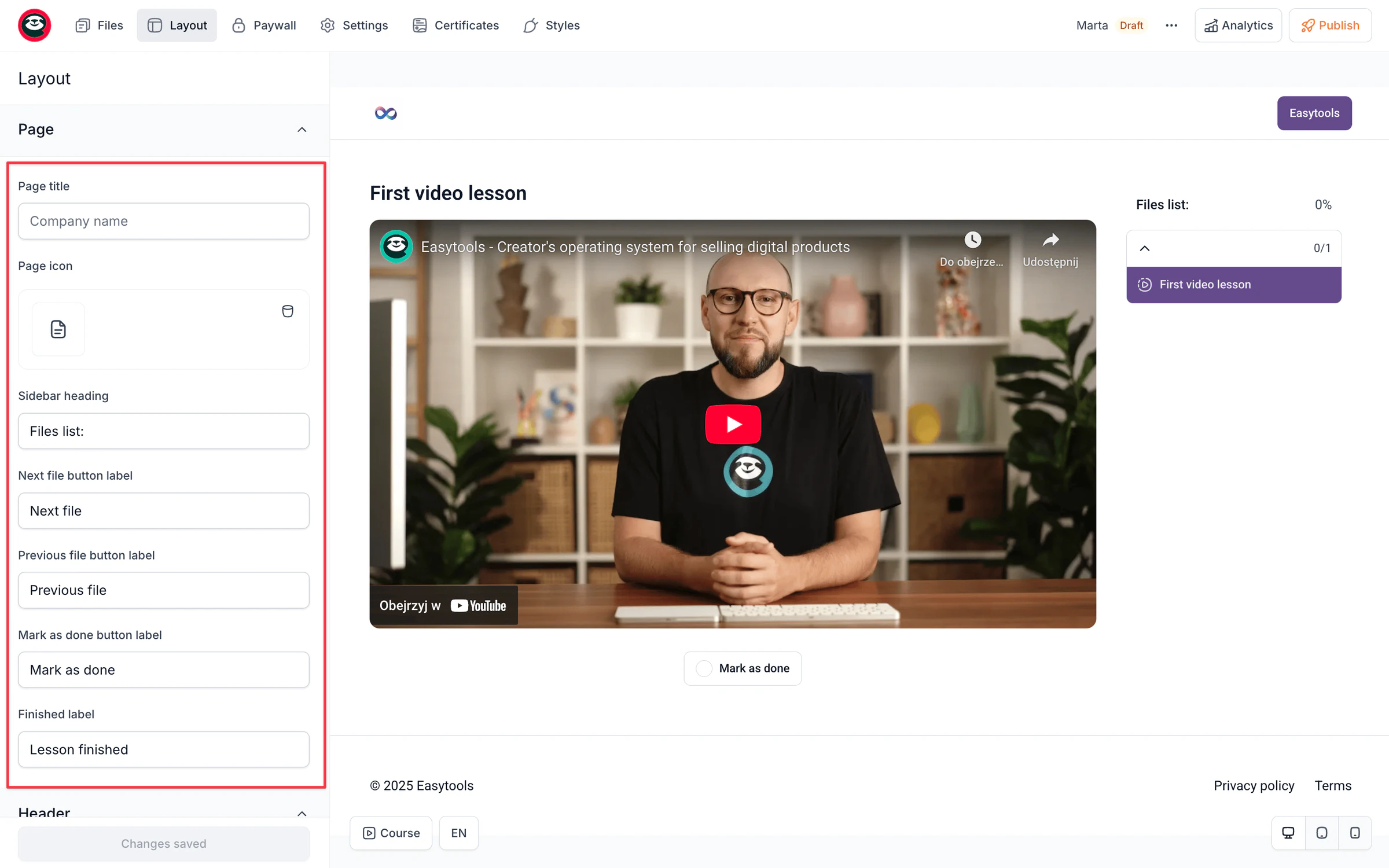 Options de modification de la mise en page dans Easytools