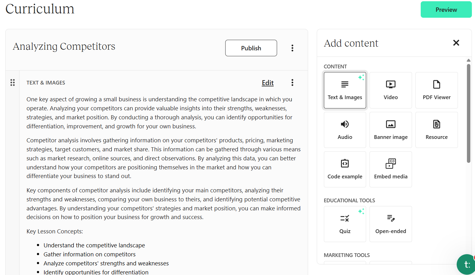 Interface du programme de formation dans Teachable