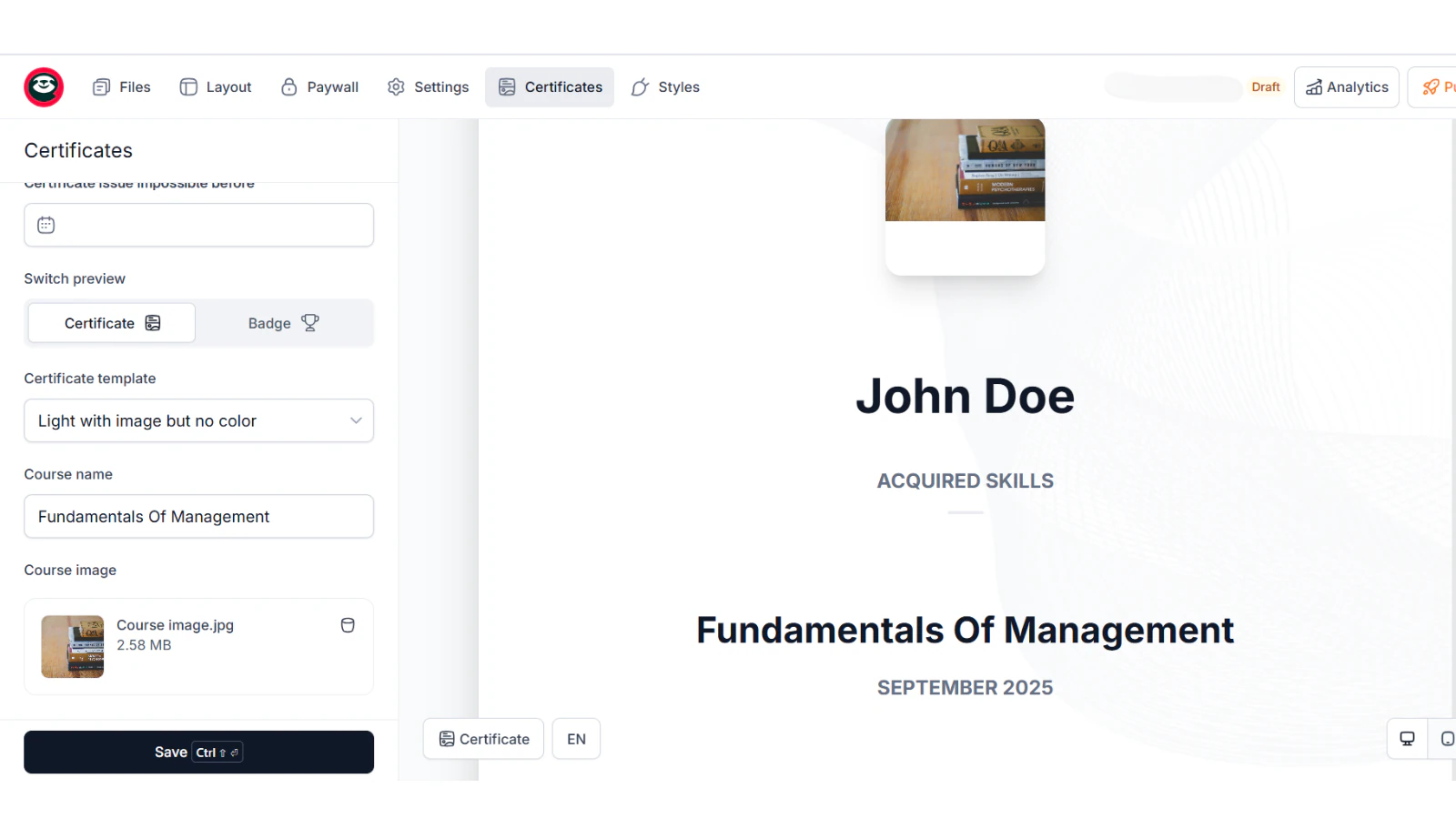 Exemple de certificat d'apprenant dans Easytools