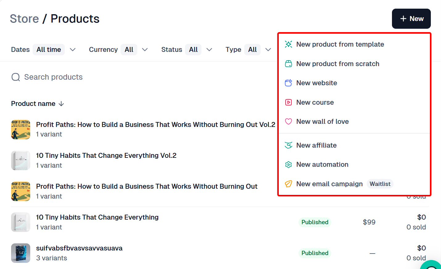 Produits disponibles à la création dans Easytools