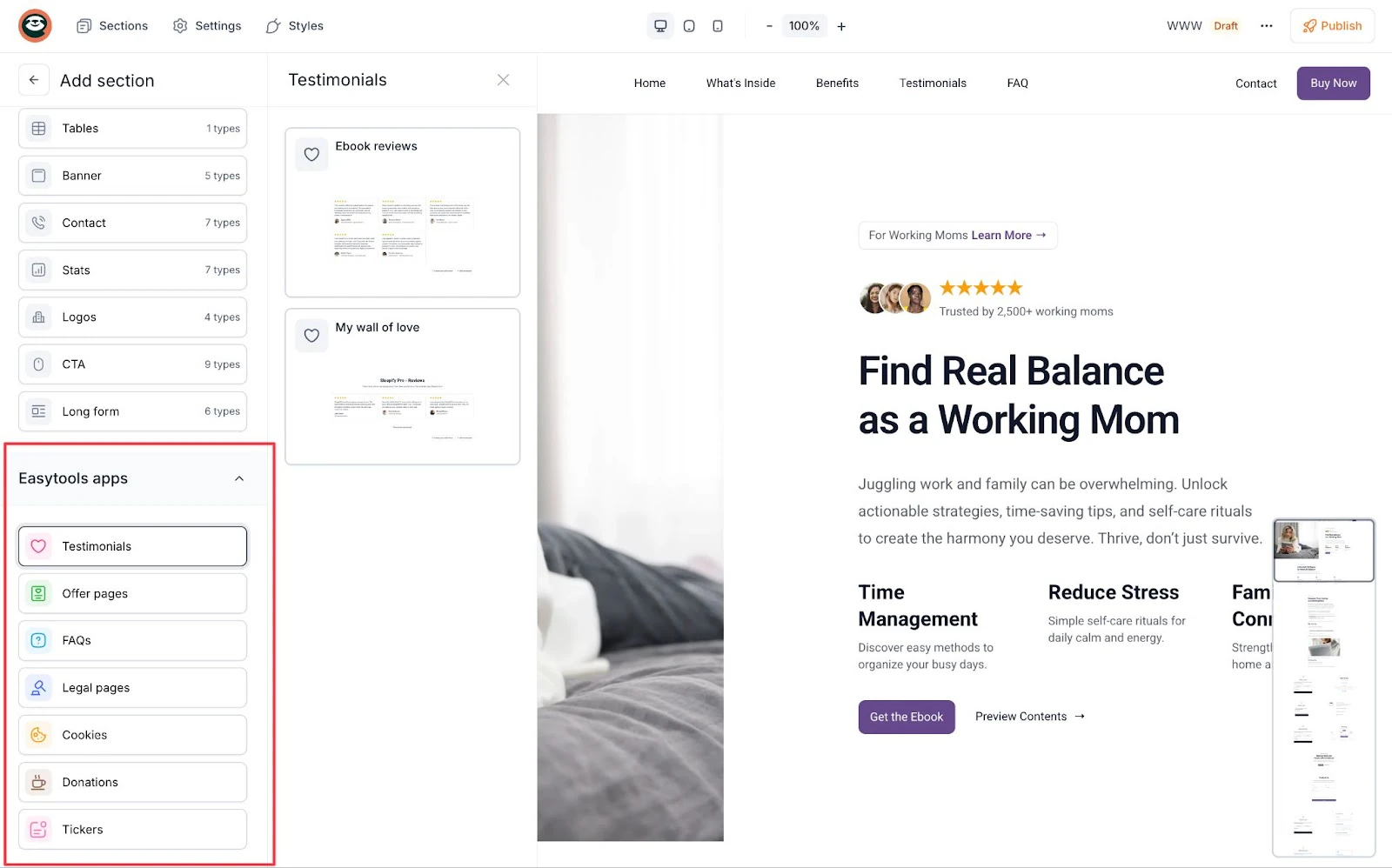 Fonctionnalités de site dans Easytools