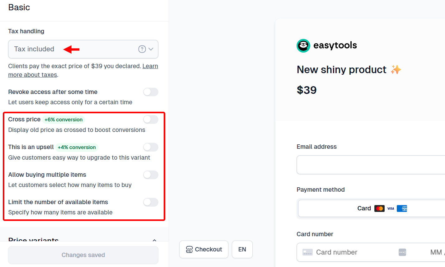Options marketing de la page de paiement Easytools pour la conversion