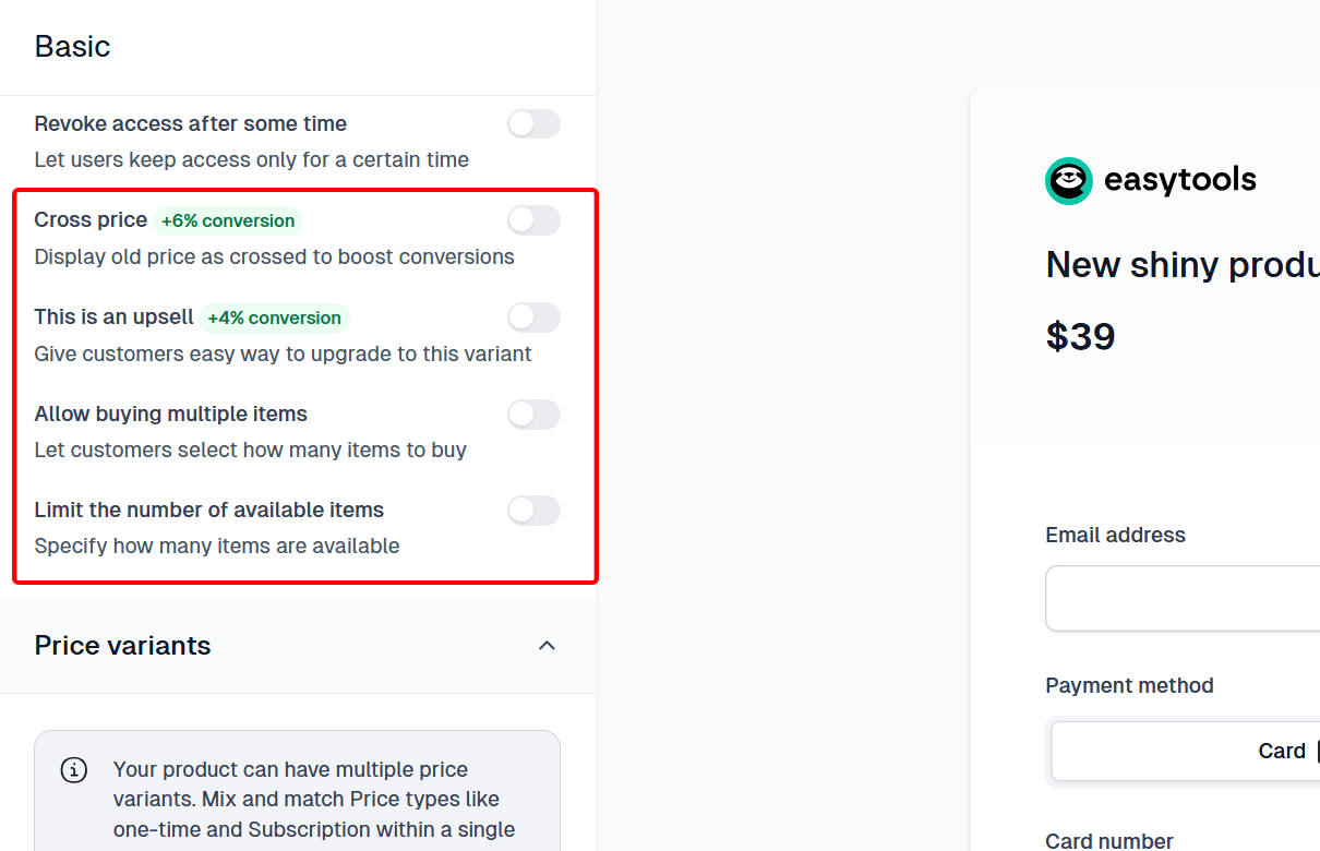 Options marketing de la page de paiement Easytools pour la conversion.