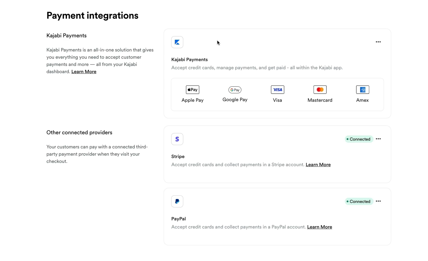 Connecter Stripe, Paypal et Kajabi payments.