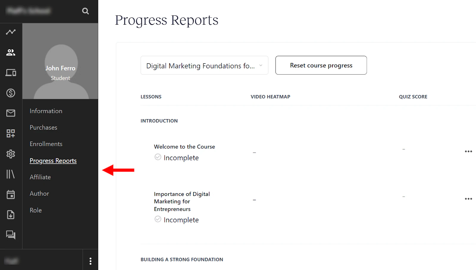 Fonctionnalité de rapports de progression dans Teachable