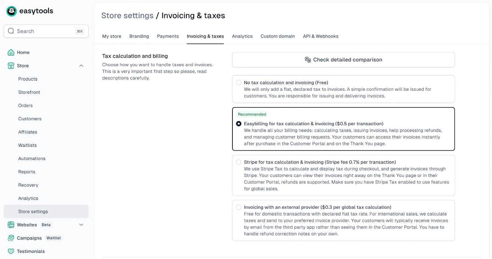 Paramètres de facturation et de taxes dans Easytools