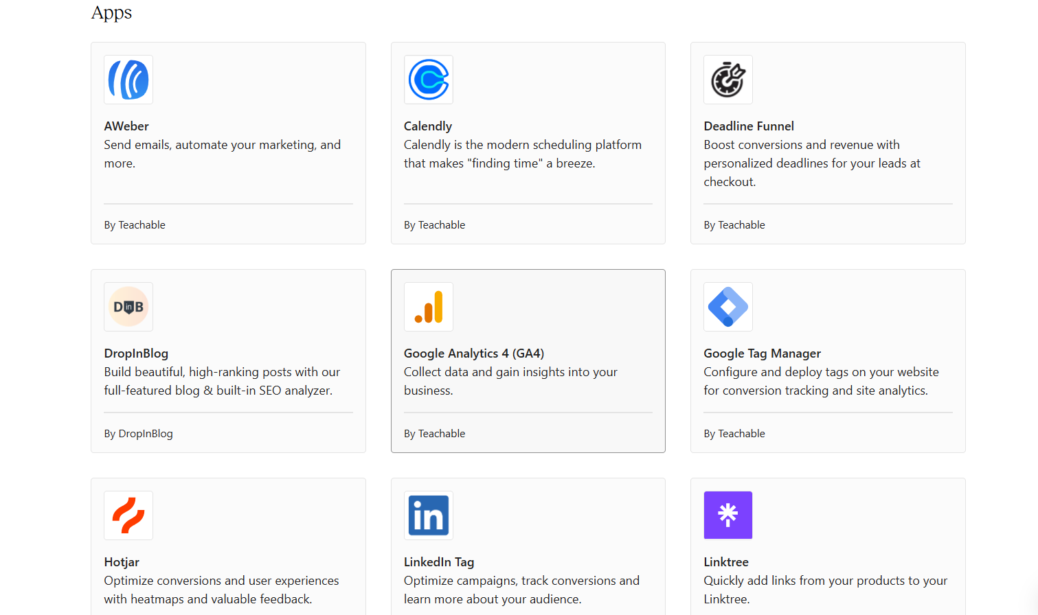 Kajabi vs Teachable: intégrations d'applications.png