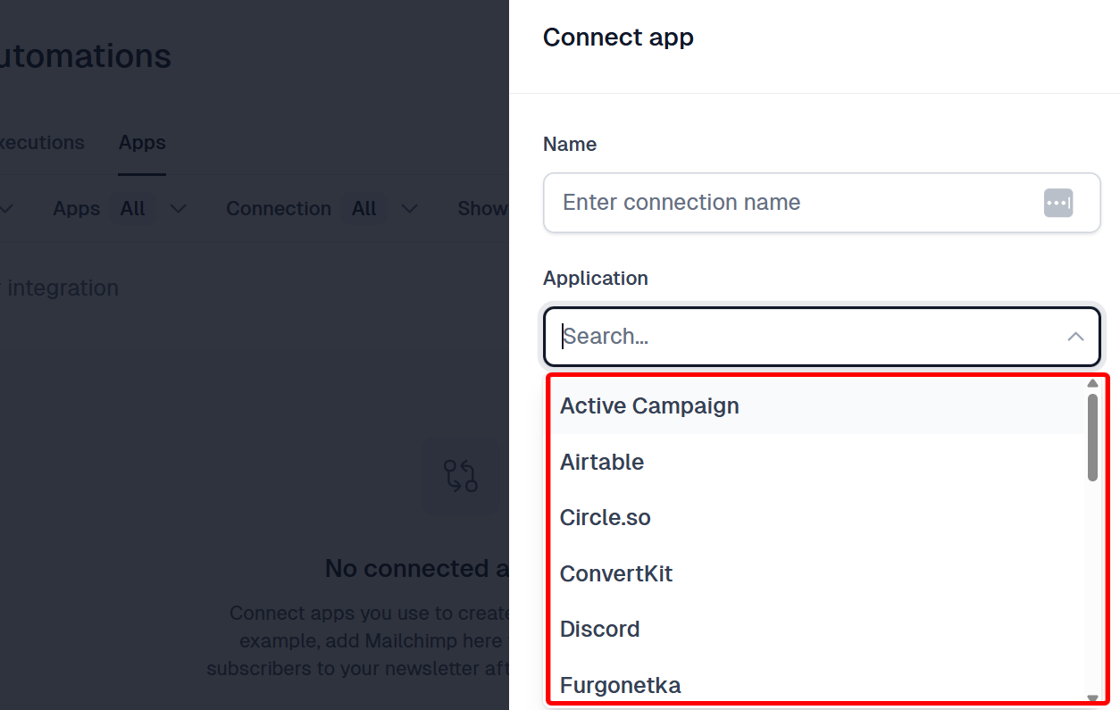 Connexions d'applications disponibles dans Easytools.