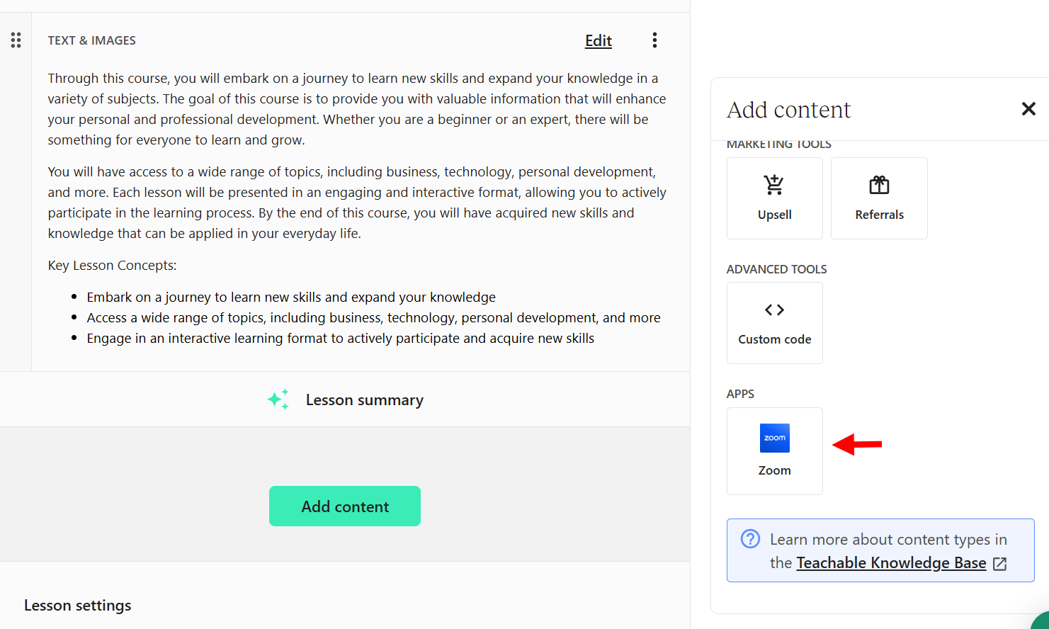 Intégrer des outils et ajouter du contenu dans Teachable.