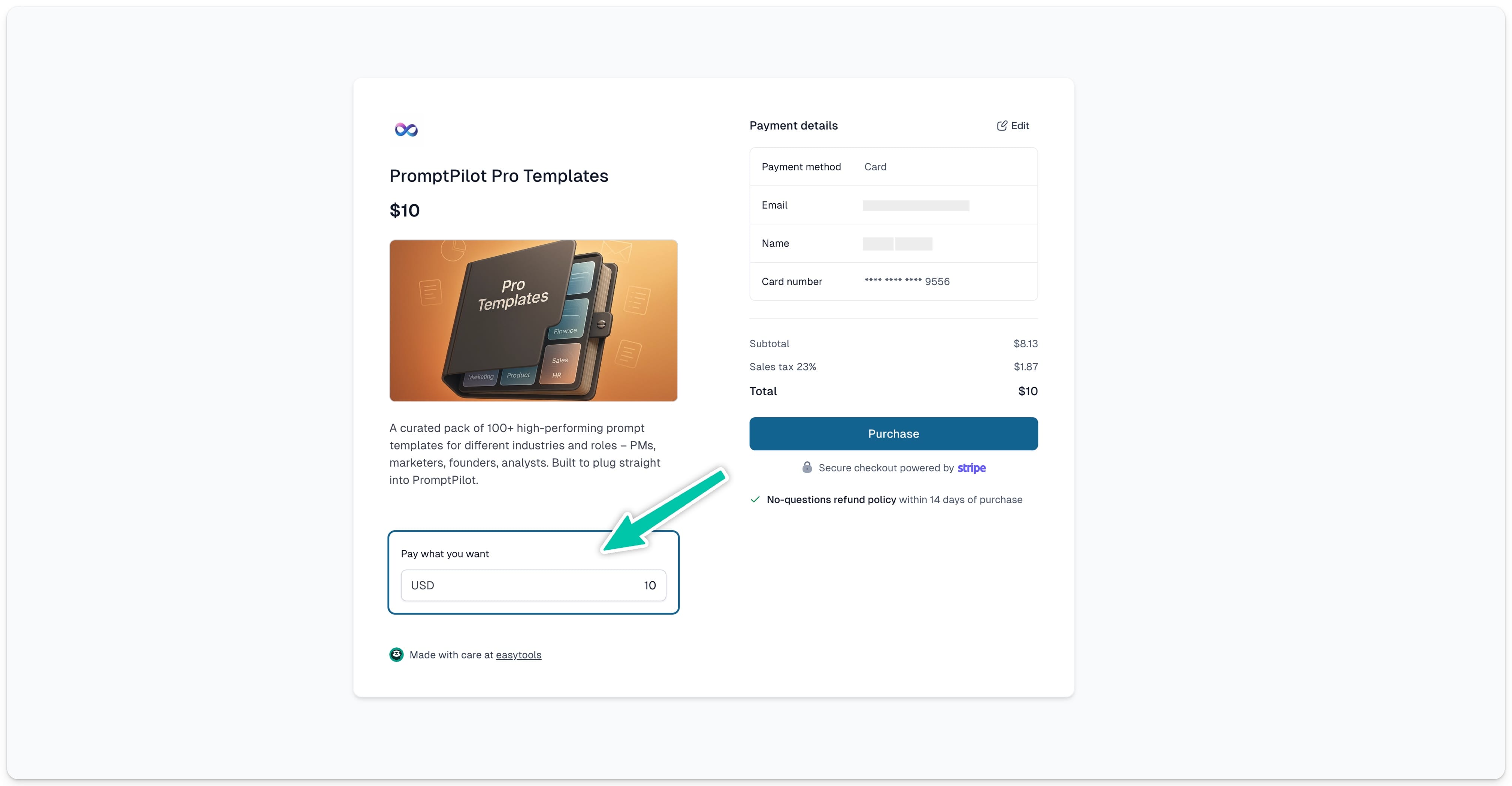 Type de prix libre PWYW dans Easytools