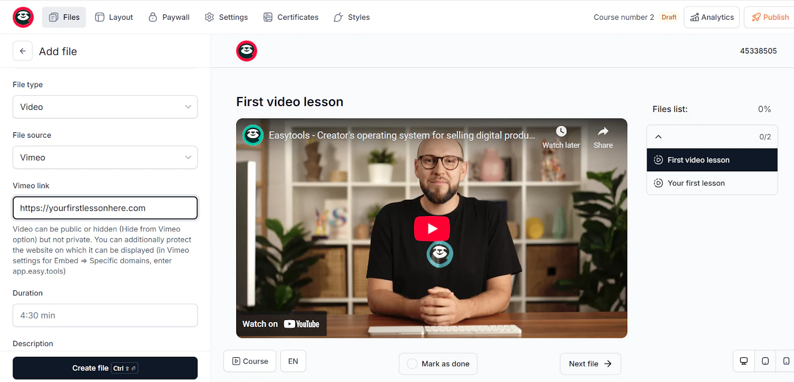 Assistant de création de leçon dans Easyplayer