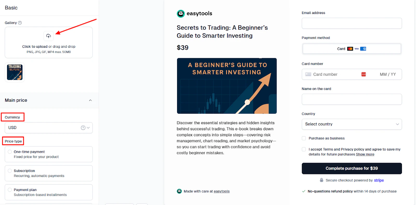 Easytools: capture d'écran de la page de paiement