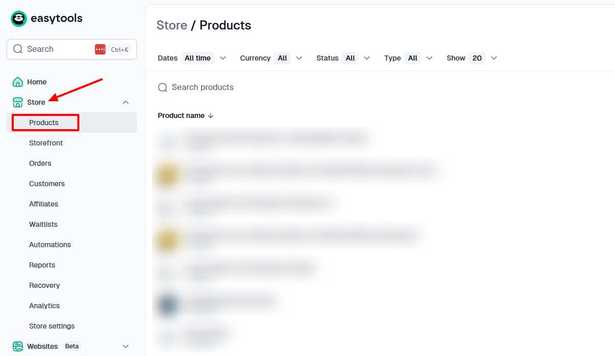 Section Products mise en évidence dans le menu Store
