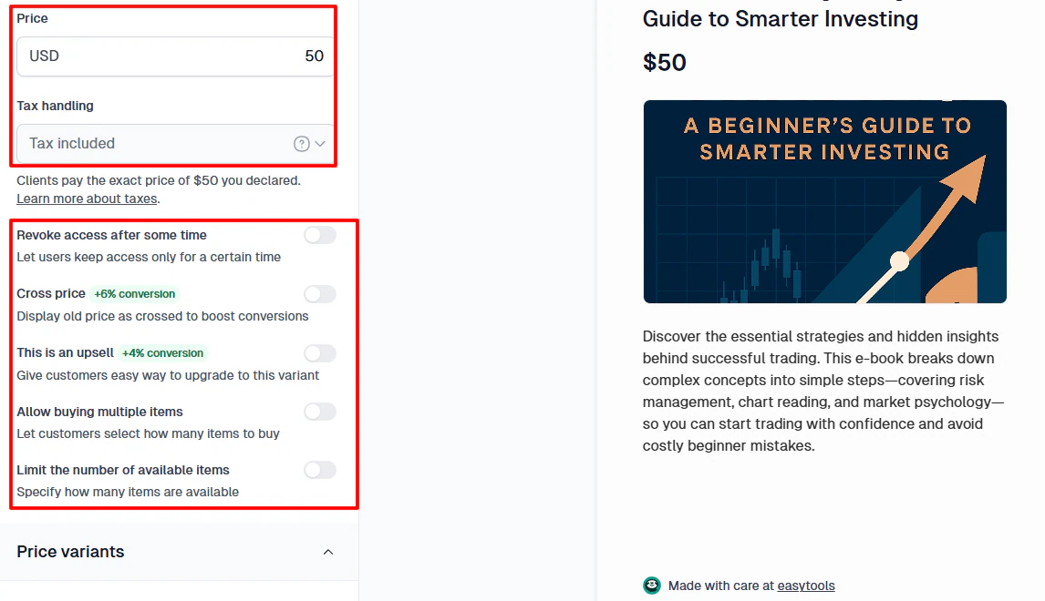Options d'upsell d'Easytools pour un produit digital