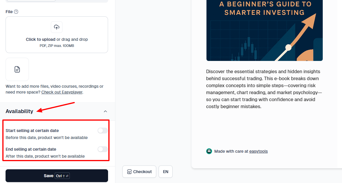 Options de disponibilité d'un produit digital