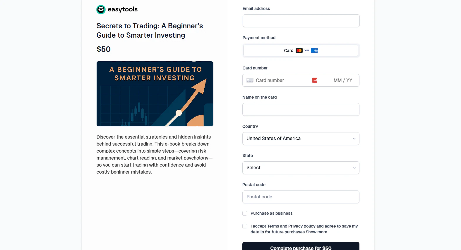 Page de paiement pour un ebook sur le trading