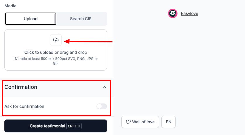 Easytools: vous pouvez ensuite uploader vos médias et demander une confirmation.