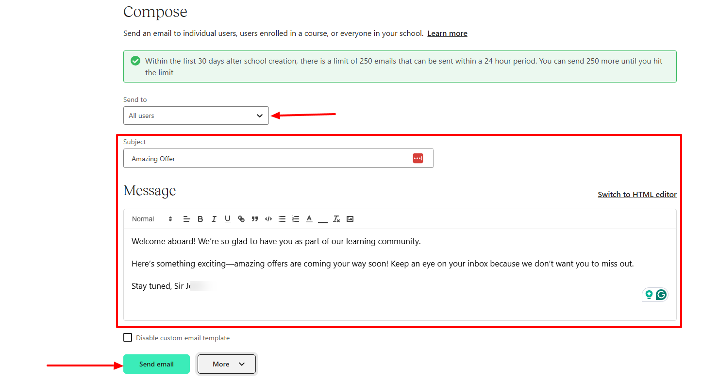 Teachable: pour l'utiliser, je peux ajouter des destinataires, l'objet de l'e-mail et le message.