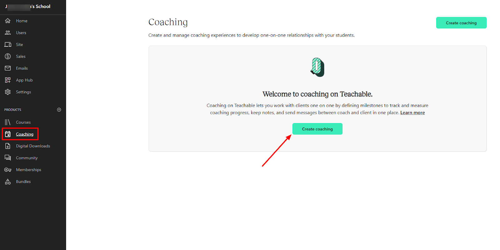 Teachable: créateur de formations avec "Coaching" - tableau de bord