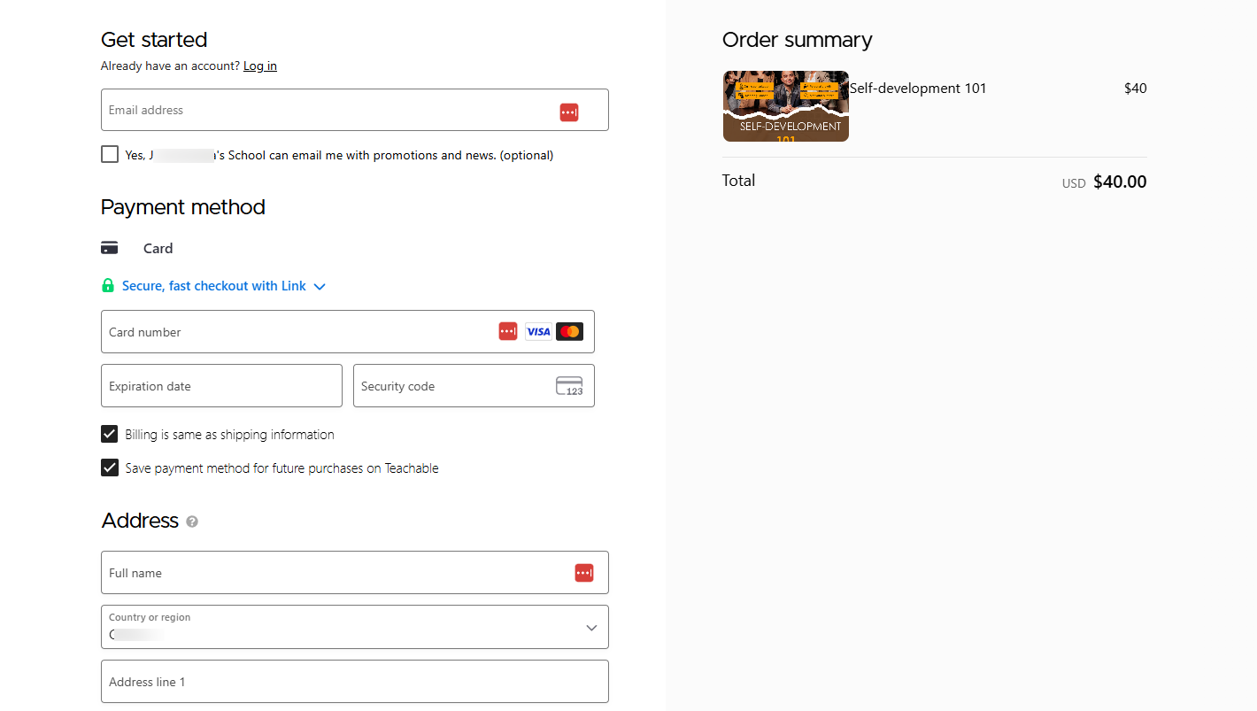 Teachable: voici un exemple de page de paiement.