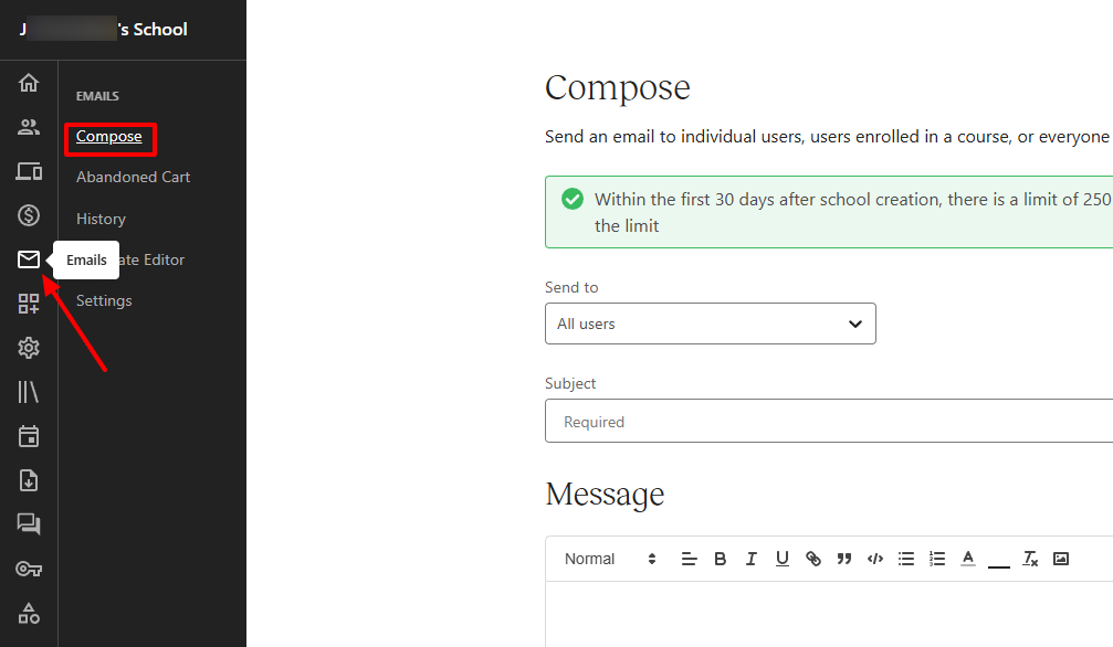 Teachable: e-mail avec "Compose"