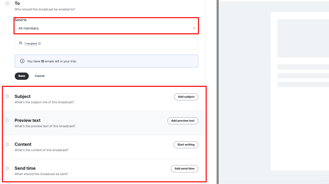 Circle.so: pour l'utiliser, vous nommez la diffusion, sélectionnez les destinataires, ajoutez un objet et un contenu, puis fixez l'heure…
