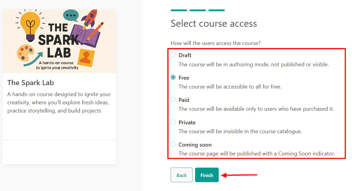 LearnWorlds: vous pouvez la définir comme gratuite, privée, payante ou à venir.