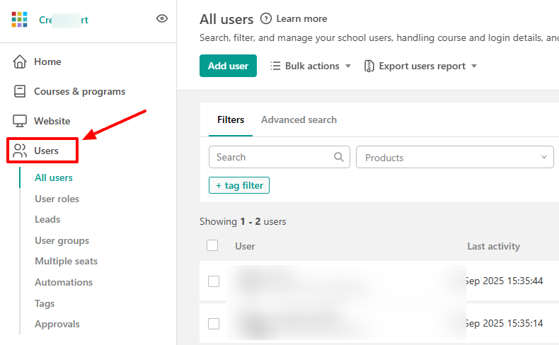 LearnWorlds: utilisateurs avec "Users"
