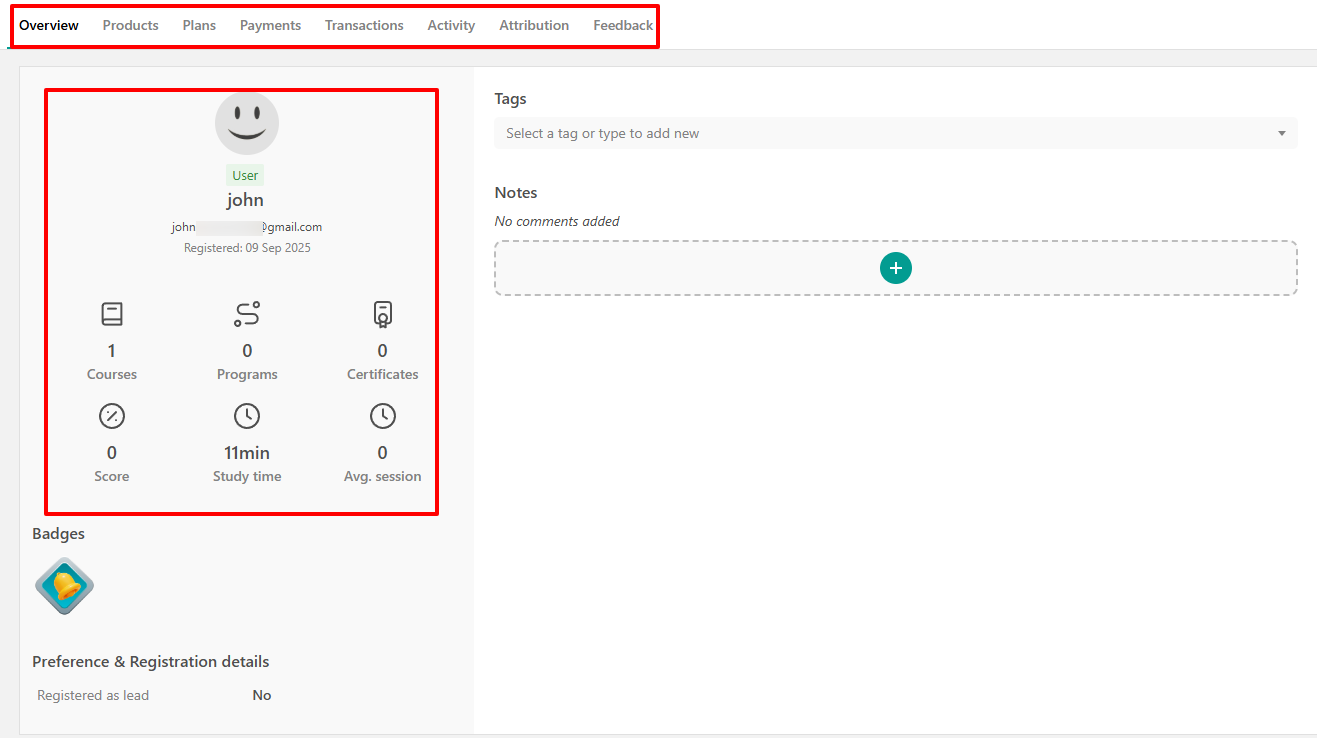 LearnWorlds: vous voyez aussi ses produits, ses formules, ses paiements, ses transactions et ses retours.