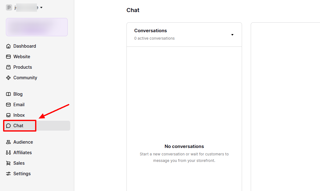 Tableau de bord Podia mettant en évidence la section chat.
