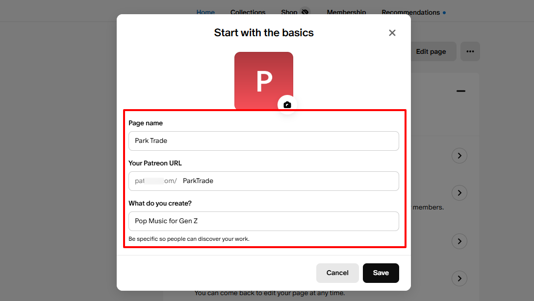Formulaire Patreon pour configurer une page.
