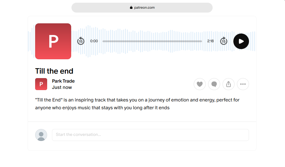 Une publication Patreon avec un lecteur audio.