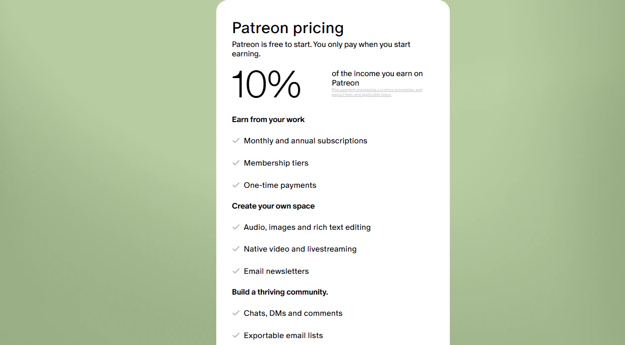 Page tarifaire de Patreon affichant les revenus et les fonctionnalités.