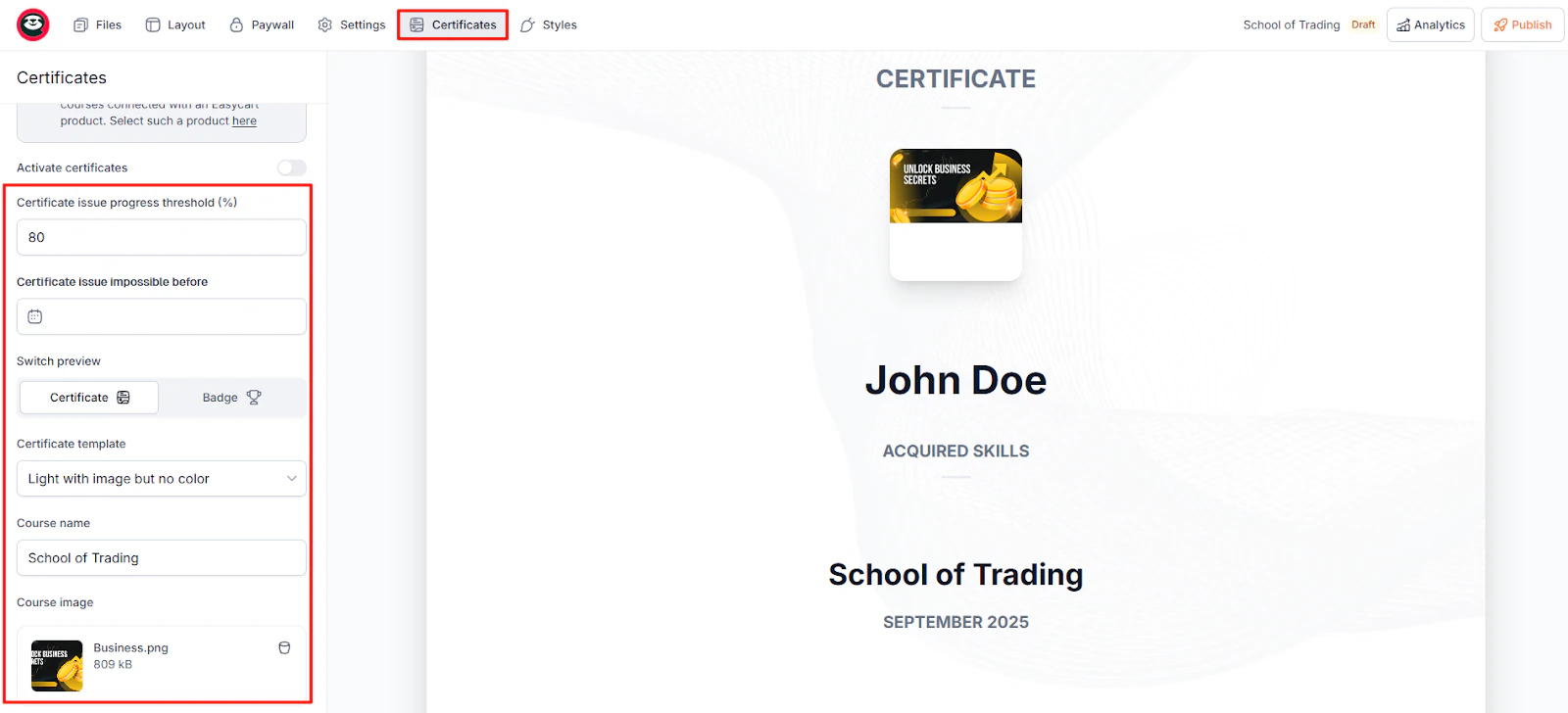 Certificat de la formation School of trading.