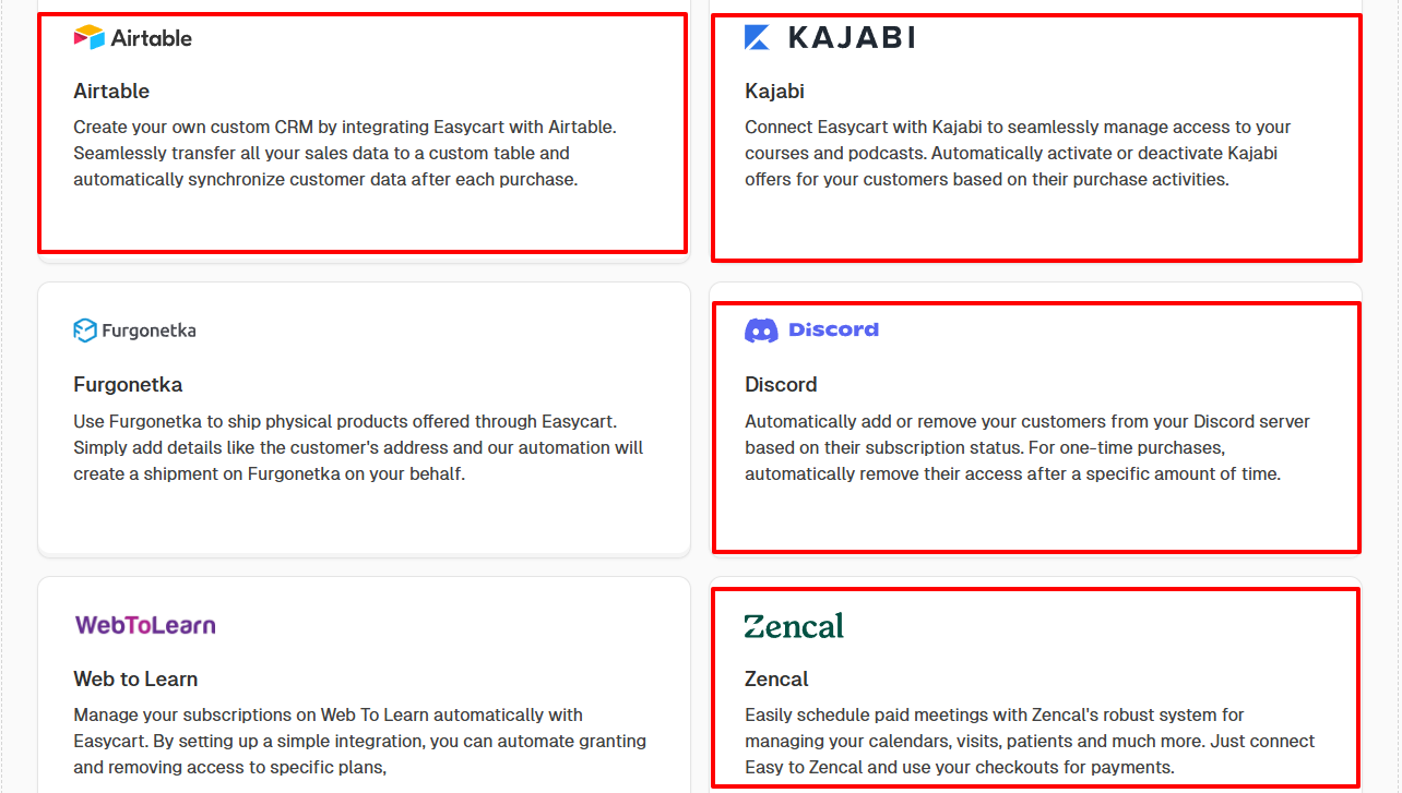 Liste des intégrations avec Airtable, Kajabi, Discord et Zencal.