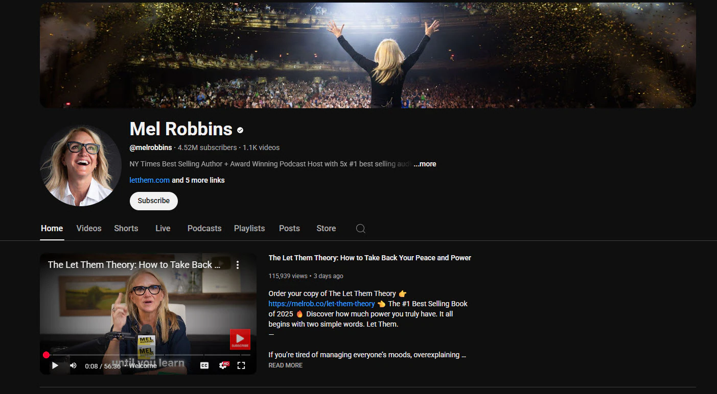 Mel Robbins official Youtube channel homepage view.
