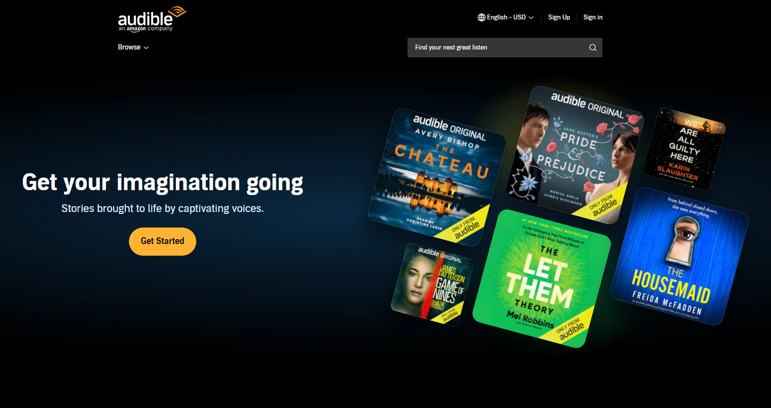 Audible homepage featuring bestselling audio titles.