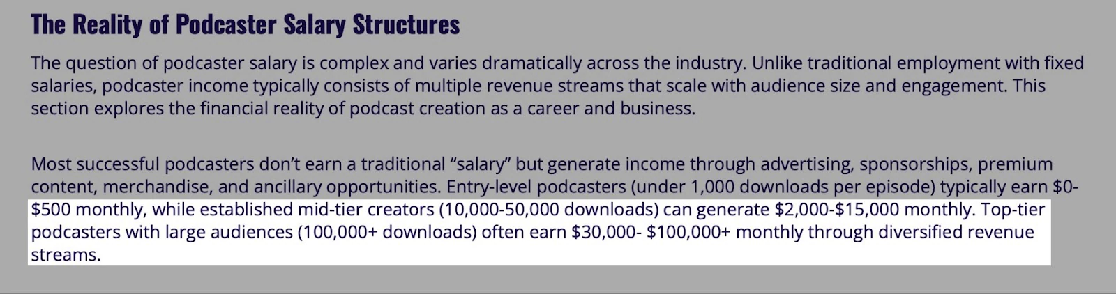 Breakdown of podcaster income ranges.