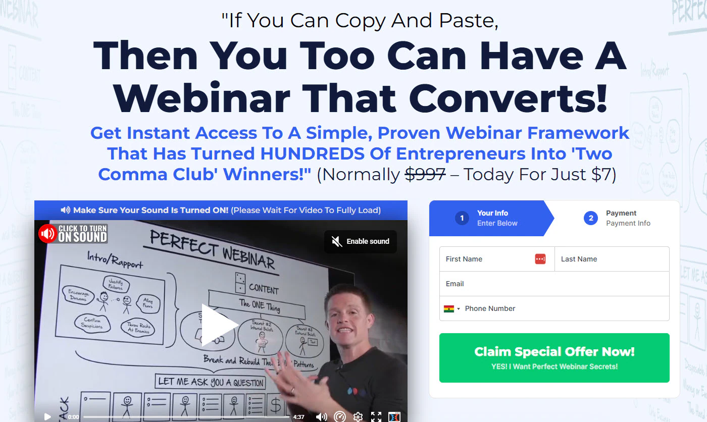 Webinar landing page with special offer.
