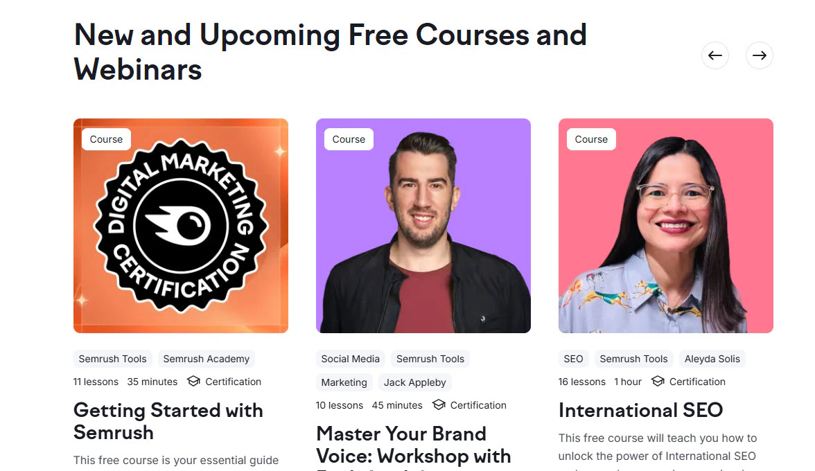 Upcoming courses and webenars on Semrush Academy.