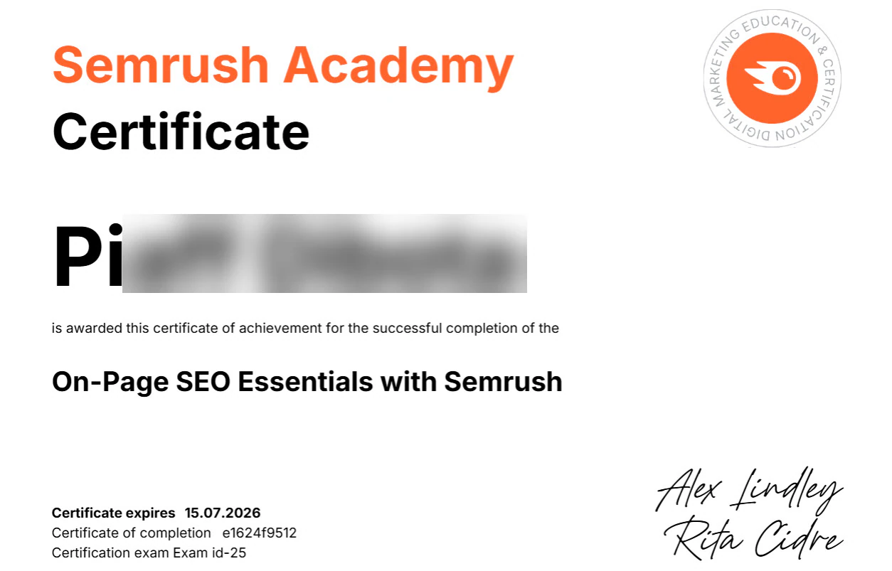 Semrush Academy certificate for On-page SEO training.