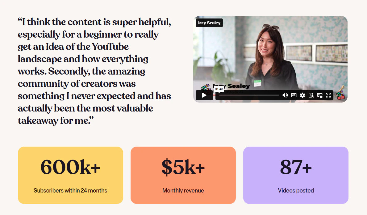 Student testimonial with growth stats and revenue figures.