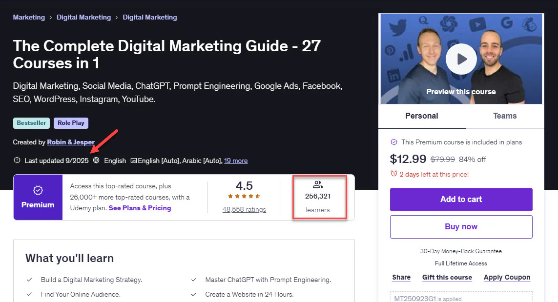 Udemy digital marketing course.