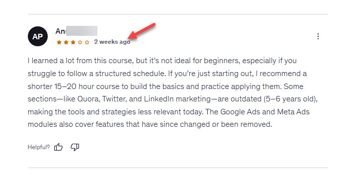 Student review highlighting outdated marketing content.