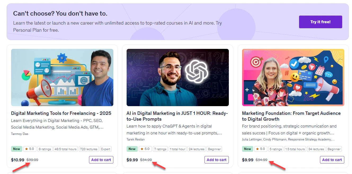 Online course listings showing discounted prices.
